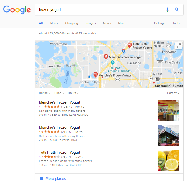 Local SEO - Frozen Yogurt SERP